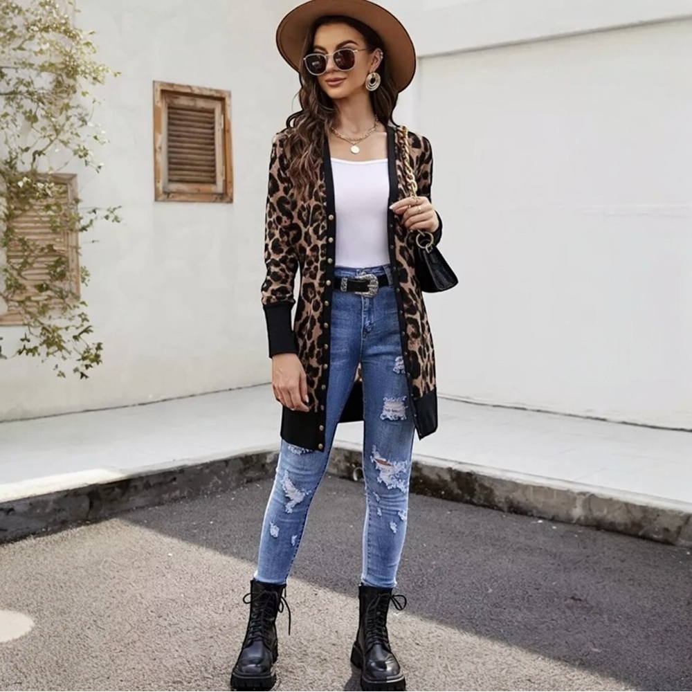 Hailife Size XL Animal Print Long Sleeve Snap Front Cardigan Sweater Coat - Picture 10 of 10